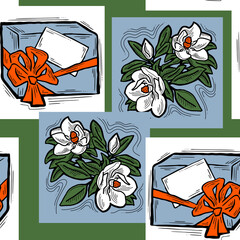 Gift box, ribbon and flowers seamless vector pattern for wrapping present with bow, party celebration, sale promotion, Textile print, fabric design, banner background. Hand drawn style illustration.