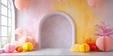 Fototapeta  - Pastel Paper Decor for pink yellow hall Archway.DIY art installation for festive