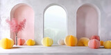 Fototapeta  - Room with a white wall and archway. The archway is decorated with colorful paper lanterns
