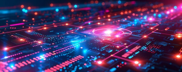 Poster - Futuristic blue and red circuit board with glowing lights and abstract patterns