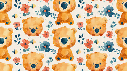 Poster - baby animal cute bear cup with flower blossom, seamless pattern  nursery design cartoon style illustration with grungy texture, Generative Ai