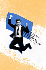 Sticker - Vertical photo collage of happy excited young businessman jump promotion development career progress isolated on painted background