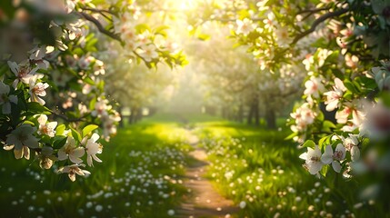 Poster - Serene Blossom-Lined Path in Springtime. Sunlight Filtering Through Leaves. A Peaceful Walk in Nature. Ideal for Relaxation and Backgrounds. AI