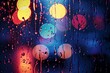 Abstract view of raindrops on a windowpane against a backdrop of colorful city night lights.
