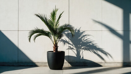 Wall Mural - creative layout of colorful palm leaves on a white background in the rays of the sun, with shadows. 