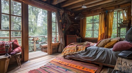 A rustic cabin with cozy interiors and natural materials.