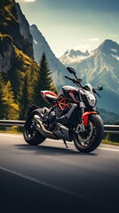 A red and black motorcycle is parked on a road in front of a mountain range