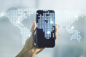 Poster - Abstract creative world map with connections and hand with phone on background, international trading concept. Multiexposure