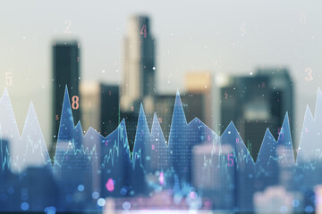 Poster - Double exposure of abstract virtual statistics data hologram on blurry cityscape background, statistics and analytics concept