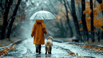 Wall Mural - A person walking their dog in the rain, both wearing matching raincoats and holding a shared umbrella. Pet ownership, and outdoor activities.