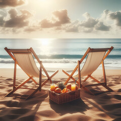 Wall Mural - In front of the water, on a sandy beach, are two unoccupied deck chairs.