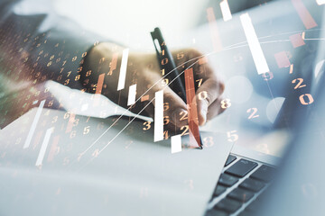 Poster - Double exposure of abstract creative financial chart with hand writing in notebook on background, research and strategy concept