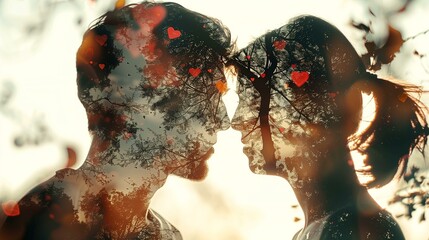 Wall Mural - couple kissing in woods, fun romance happiness creativity beauty, double exposure