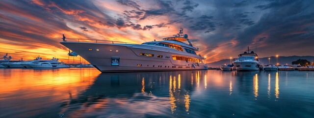 yacht in marina at dusk. Luminous sky peaceful surroundings. Magazine cover, Yacht tour promotion, Tourism banner