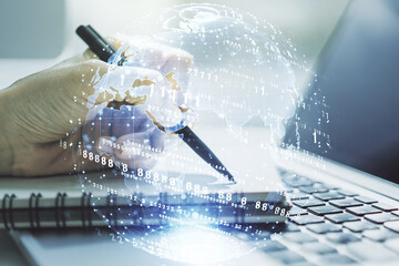 Aufkleber - Double exposure of abstract creative programming illustration with world map and hand writing in notepad on background with laptop, big data and blockchain concept