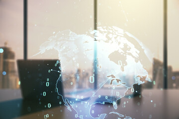 Poster - Multi exposure of abstract creative coding sketch with world map and modern desktop with computer on background, artificial intelligence and neural networks concept