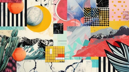 Abstract trendy vintage art collage with geometric shapes, paper cutouts, patches, paint strokes. Retro aesthetic fashionable style poster, banner