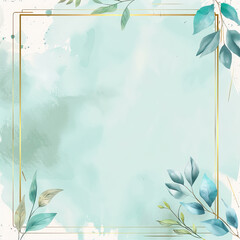 Wall Mural - Golden frame on a пкуут watercolor background with twigs
