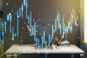 Poster - Double exposure of abstract creative financial diagram and modern desk with computer on background, banking and accounting concept