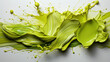 Knolling Strokes of Glitzy Lime or Green Color Liquid Paint On The White Background