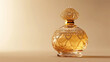 Ornate golden perfume bottle with intricate designs and a luxurious feel on a beige background.