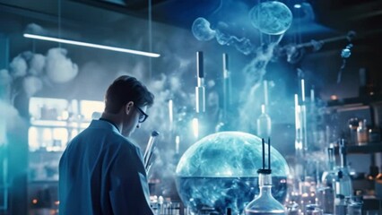 Poster - A man wearing a lab coat is performing a precise experiment in a lab. The background is full of modern scientific instruments.