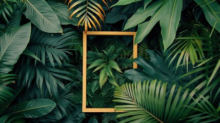 Wall Mural - modern canva rectangle photo frame, on the leaf in the jungle