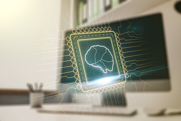 Poster - Creative artificial Intelligence concept with human brain hologram and modern desktop with computer on background. Multiexposure