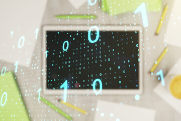 Aufkleber - Creative abstract binary code sketch and modern digital tablet on background, hacking and matrix concept. Multiexposure
