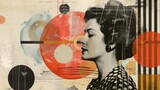 Fototapeta Młodzieżowe - Abstract trendy vintage art collage with woman, geometric shapes, paper cutouts, patches, paint strokes. Retro fashionable style poster, banner