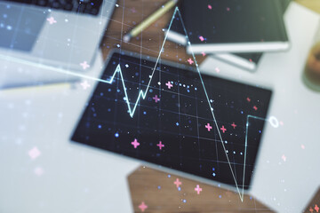 Poster - Creative abstract heart rate sketch and modern digital tablet on background, Medicine and healthcare concept. Multiexposure