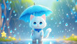 雨の中で傘を持って立つ猫