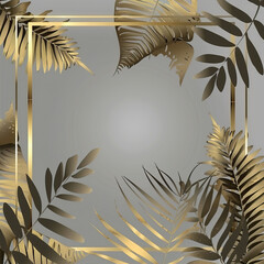 Sticker - Gold frame and tropical leaves on watercolor gray background
