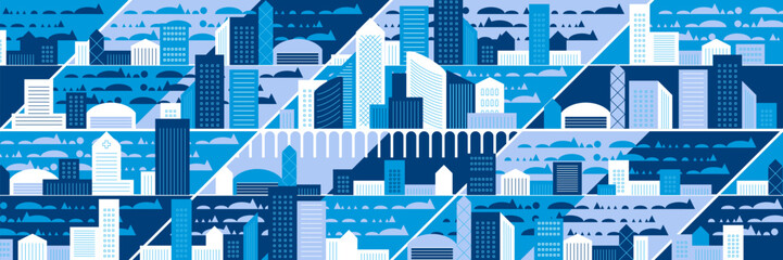 Wall Mural - Cityscape panorama. Megapolis city view. Smart city. Urban landscape with many building. Collection of houses, skyscrapers, buildings, supermarkets with streets and traffic. Vector illustration