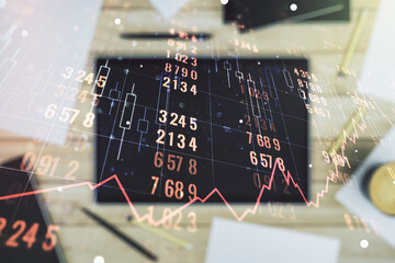 Poster - Multi exposure of stats data illustration and modern digital tablet on background, top view, computing and analytics concept