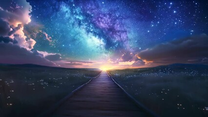 Canvas Print - a beautiful night sky with a long wooden bridge in the middle. the sky is filled with stars and the 