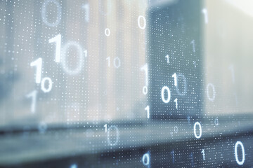 Poster - Double exposure of abstract virtual binary code hologram on modern business center exterior background. Database and programming concept