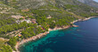 AERIAL: Small beach of remote seafront houses is hidden under the pine trees.