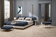 Minimal contemporary style marble floor bedroom, decorate with blue and white fabric bed set, white cozy bed and pillow, grey wall. 3D Rendering