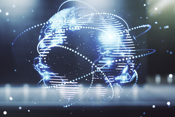 Poster - Abstract graphic digital world map hologram with connections on blurry contemporary office building background, globalization concept. Multiexposure