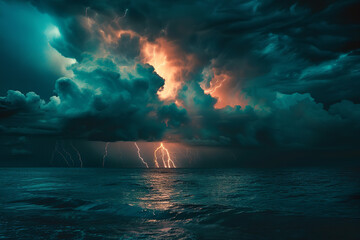 Sticker - Lightning strikes over the ocean under dark clouds - capturing a scene that vividly illustrates the fury often associated with hell