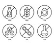 Allergen free icons set. Common allergens (gluten, lactose, eggs, soy), sugar free and GMO free labels. Round stickers with food intolerance symbols for product packaging