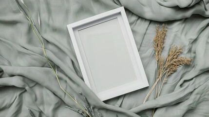 Wall Mural - White, empty frame on a background of green fabric and a dry branch
