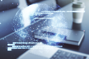 Aufkleber - Double exposure of abstract creative programming illustration with world map on computer background, big data and blockchain concept
