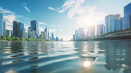 Poster - A river flows through the city and skyscrapers reflect off the surface of the water. on the background of the blue sky