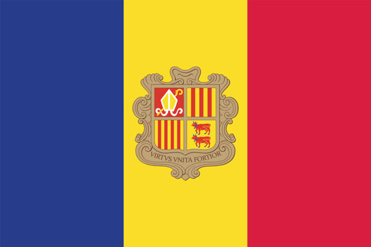 Flag of Andorra. Andorran tricolor with the coat of arms in the center. State symbol of the Principality of Andorra.