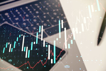 Poster - Abstract creative financial graph on modern laptop background, financial and trading concept. Multiexposure