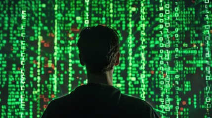 The man standing in the green rain matrix code