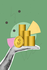 Sticker - Vertical creative collage human hand hold golden money stack succesful investing plan infographic results drawing background