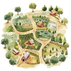 watercolor illustration of a hand-drawn map of a farm exploring rustic landscapes